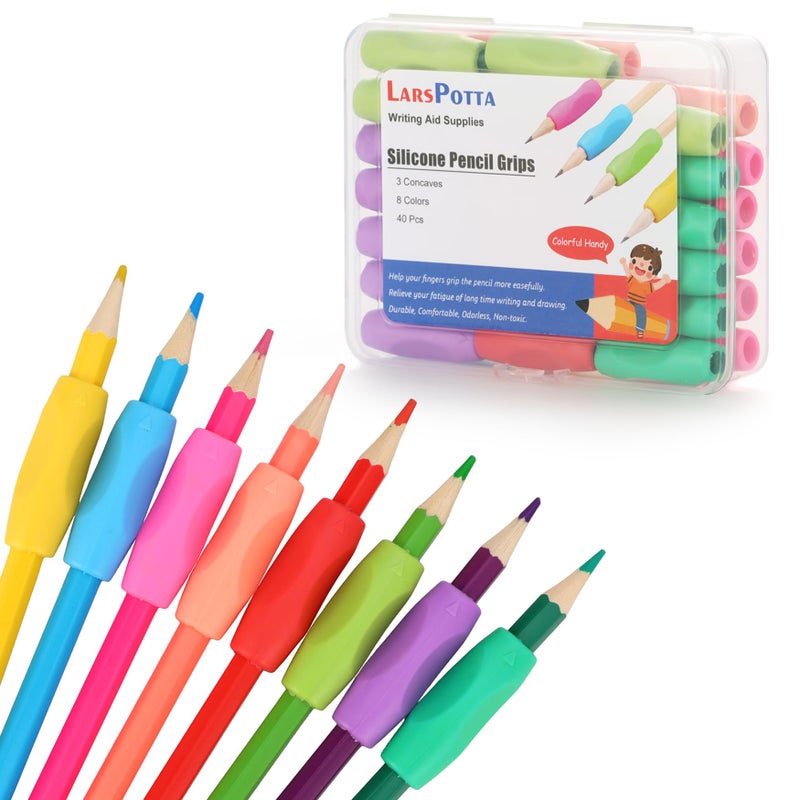 Larspotta Ergonomic Pencil Grips 40 Pcs with 8 Colors, Silicone Pencil Holders for Kids Handwriting, Toddler Gel Pencil Cushion Grippers, Triangle Pen Grips for Adults Writing Aid, Classic